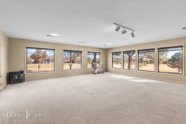 carpeted spare room featuring rail lighting