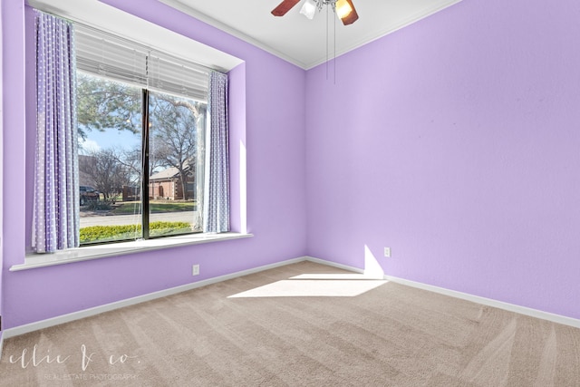 carpeted empty room with plenty of natural light, ornamental molding, and ceiling fan