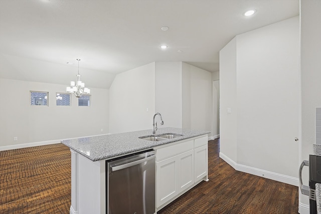 kitchen with sink, hanging light fixtures, stainless steel dishwasher, an island with sink, and white cabinets