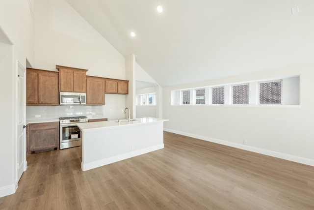 kitchen featuring appliances with stainless steel finishes, light wood-type flooring, a kitchen island with sink, and sink