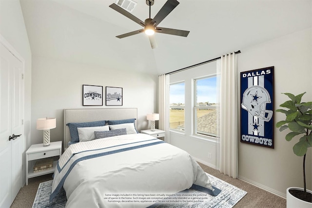 bedroom featuring ceiling fan and carpet floors