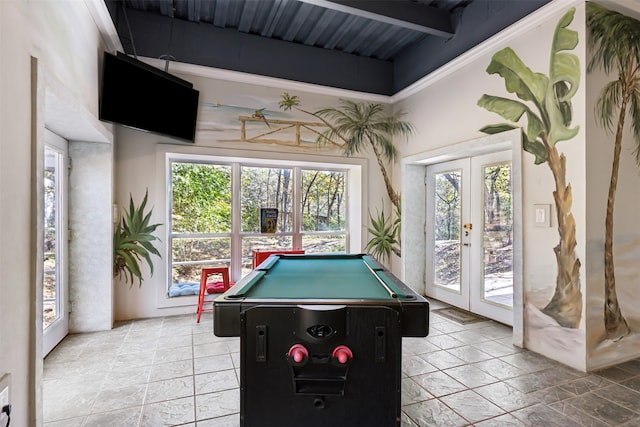 rec room featuring french doors, billiards, and beam ceiling