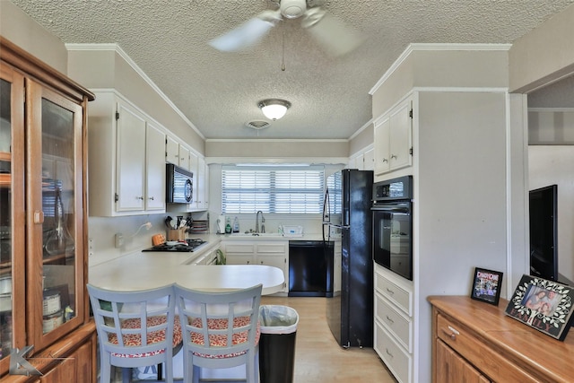 kitchen with white cabinetry, ornamental molding, black appliances, and light hardwood / wood-style flooring