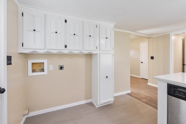 laundry area with ornamental molding, washer hookup, light wood-type flooring, and hookup for an electric dryer