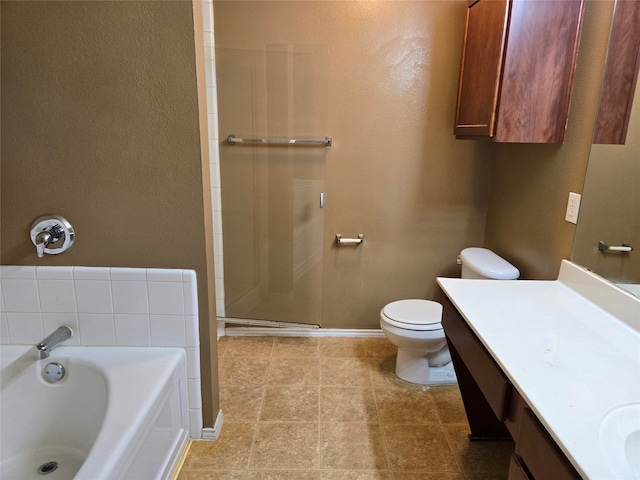 full bathroom featuring tile patterned floors, plus walk in shower, vanity, and toilet