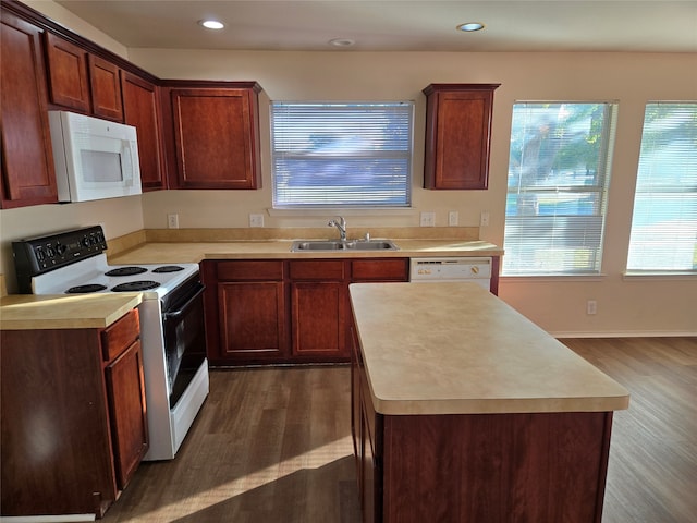 kitchen featuring a wealth of natural light, sink, dark wood-type flooring, and white appliances