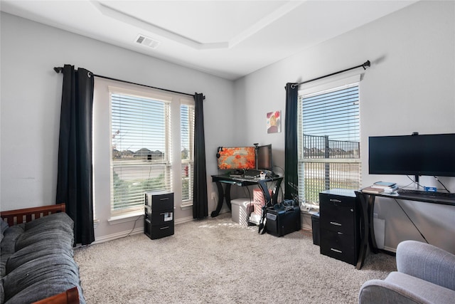 carpeted home office with a tray ceiling