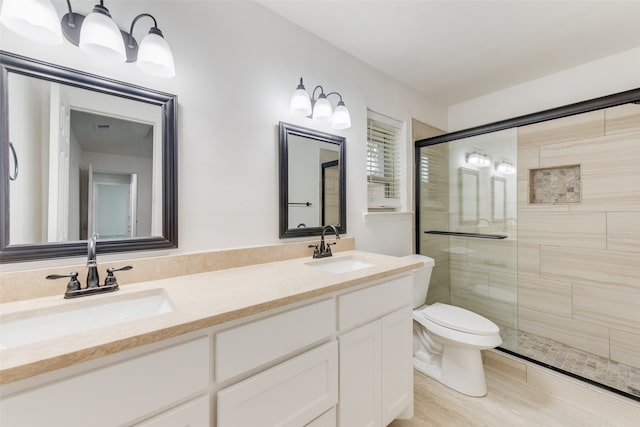 bathroom with vanity, a shower with door, and toilet