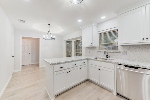 kitchen featuring pendant lighting, white cabinetry, dishwasher, sink, and kitchen peninsula