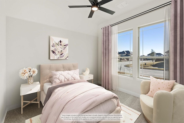 bedroom featuring carpet flooring and ceiling fan