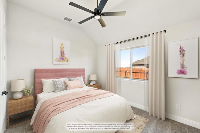 carpeted bedroom featuring ceiling fan and lofted ceiling