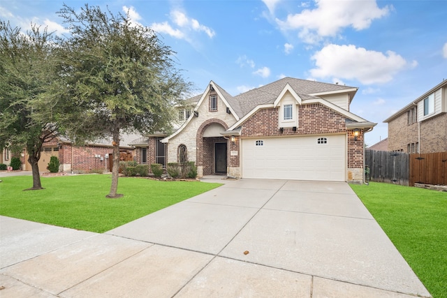 view of front of property with a front yard and a garage