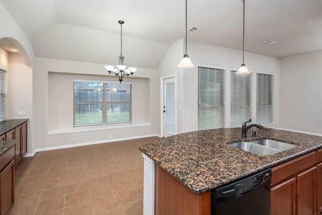 kitchen featuring lofted ceiling, sink, hanging light fixtures, black dishwasher, and a chandelier