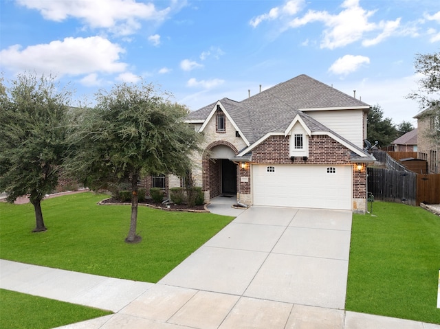 view of front of property with a front lawn and a garage