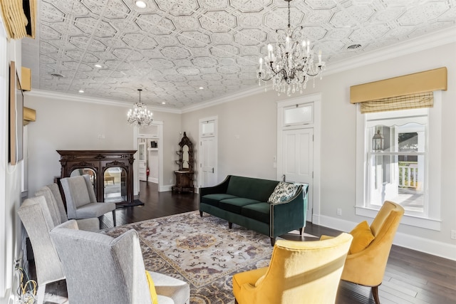 living room with crown molding and dark wood-type flooring