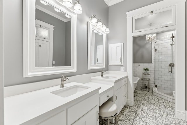 bathroom with separate shower and tub, crown molding, tile patterned flooring, and vanity