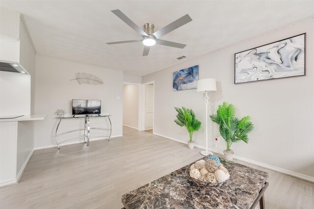 living area featuring ceiling fan and light hardwood / wood-style floors