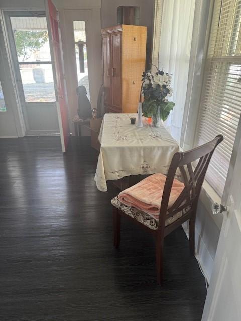 dining space featuring dark wood-type flooring