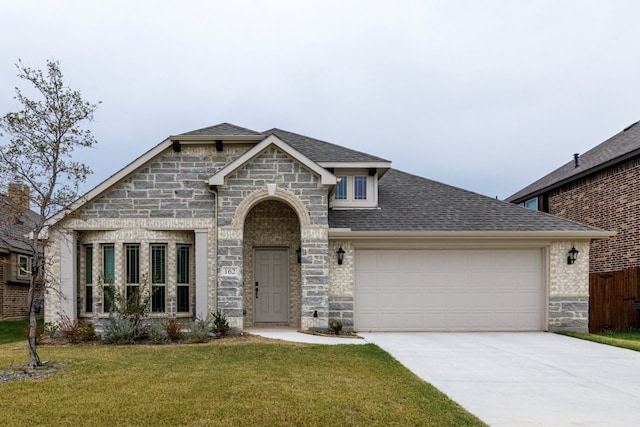 view of front of home featuring a front yard and a garage