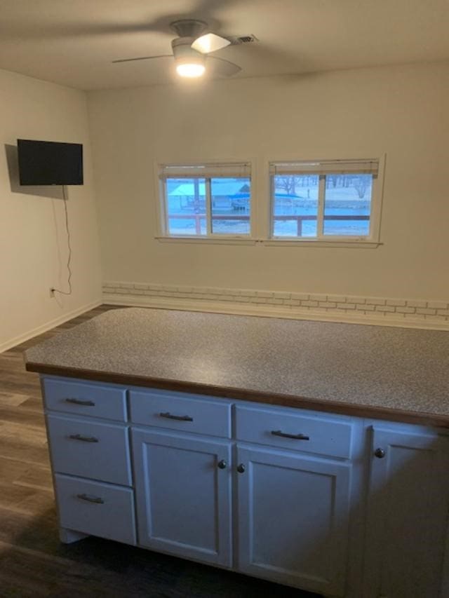 interior space with white cabinets, ceiling fan, plenty of natural light, and dark wood-type flooring