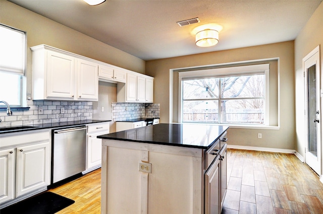 kitchen with sink, stainless steel dishwasher, tasteful backsplash, a kitchen island, and white cabinetry