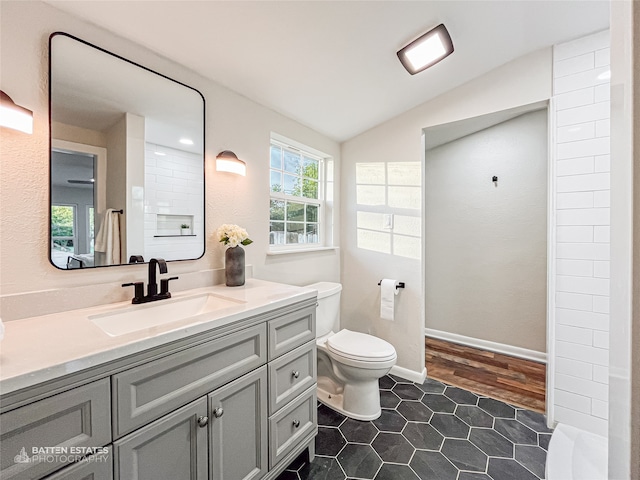 bathroom with vanity, wood-type flooring, vaulted ceiling, and toilet