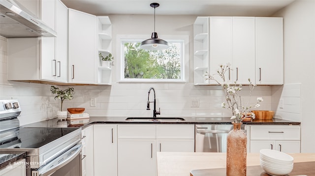 kitchen featuring ventilation hood, white cabinetry, and stainless steel appliances