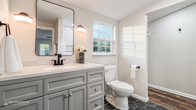 bathroom with lofted ceiling, toilet, wood-type flooring, and vanity