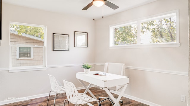 home office featuring dark hardwood / wood-style floors, ceiling fan, and a wealth of natural light