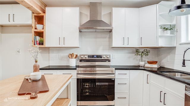 kitchen with stainless steel electric range oven, sink, wall chimney exhaust hood, tasteful backsplash, and white cabinets