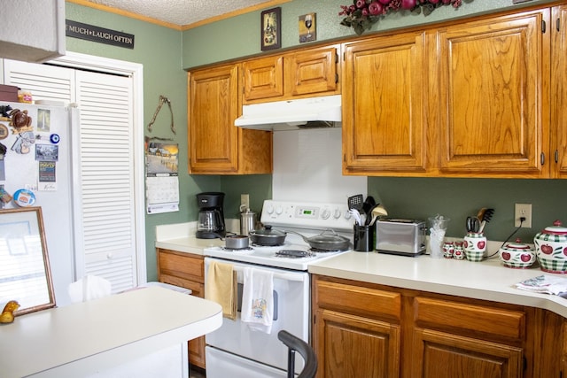 2010 Cloisters Dr Unit 2321, Arlington, TX 76011 - kitchen featuring light countertops, white electric range oven, brown cabinetry, and under cabinet range hood