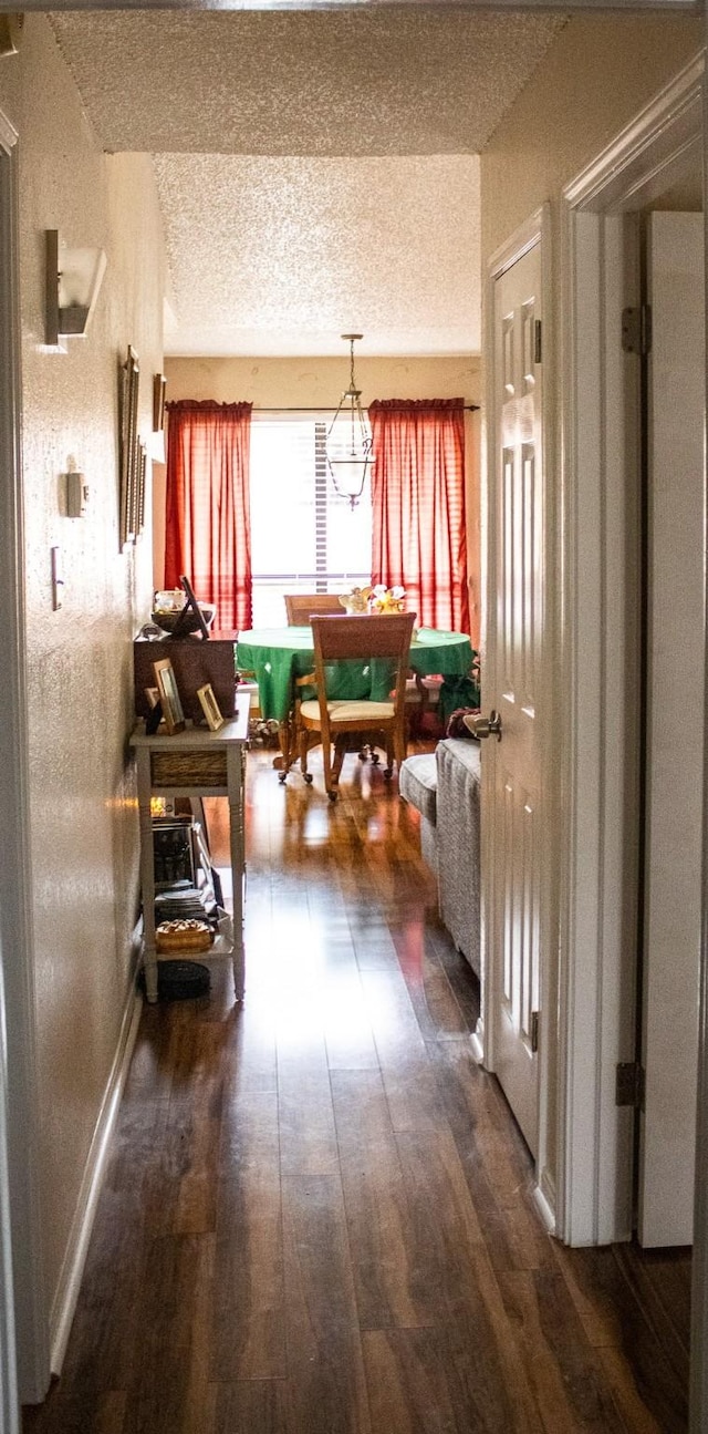 hall with a textured ceiling and dark hardwood / wood-style floors