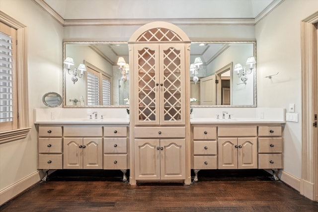 bathroom featuring ornamental molding, wood-type flooring, and vanity