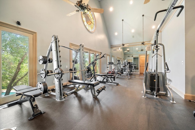 gym featuring ceiling fan