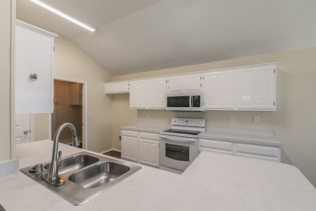 kitchen with white cabinetry, lofted ceiling, sink, and white electric range