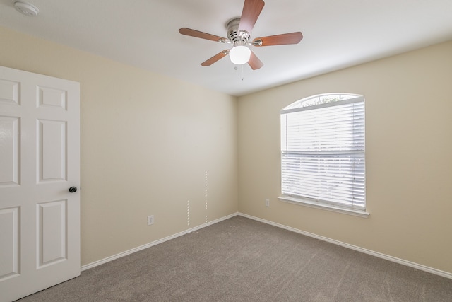 spare room with ceiling fan and carpet