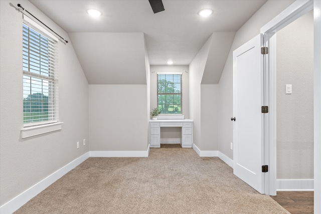 additional living space featuring light colored carpet and vaulted ceiling