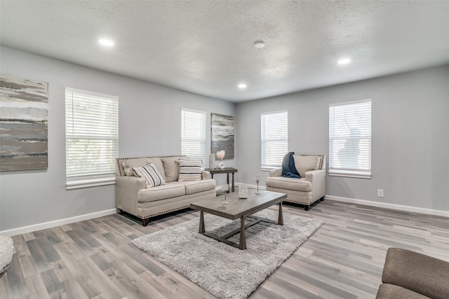 living room featuring a textured ceiling and light wood-type flooring