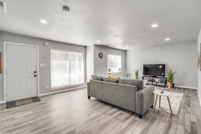 living room with light hardwood / wood-style floors and a textured ceiling