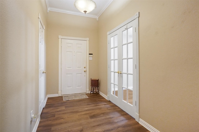 doorway with dark hardwood / wood-style floors and crown molding