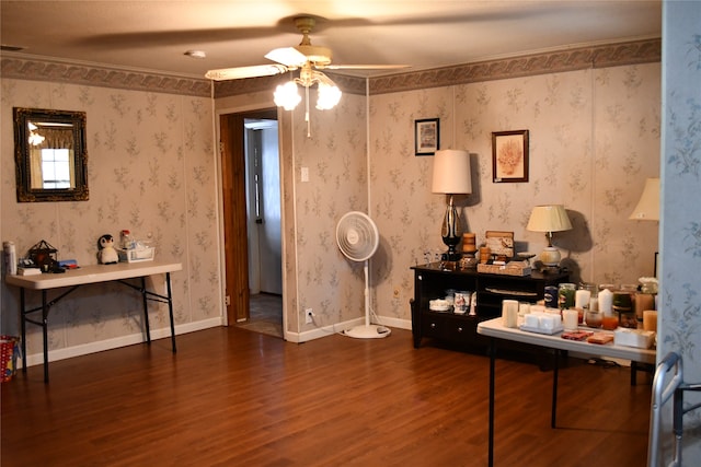 interior space with ceiling fan and dark hardwood / wood-style floors