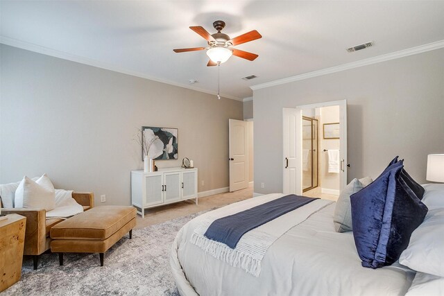 bedroom with ceiling fan, ensuite bath, ornamental molding, and light carpet