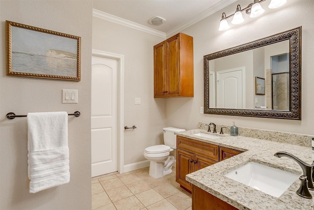 bathroom featuring vanity, tile patterned floors, ornamental molding, and toilet