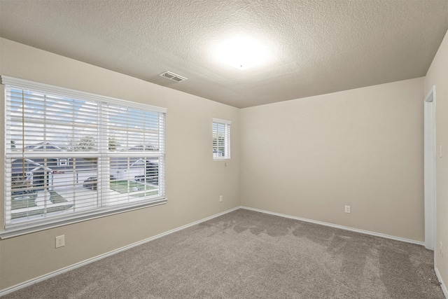 unfurnished room with carpet and a textured ceiling