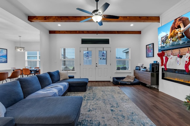 living room featuring beam ceiling, dark hardwood / wood-style flooring, and ceiling fan