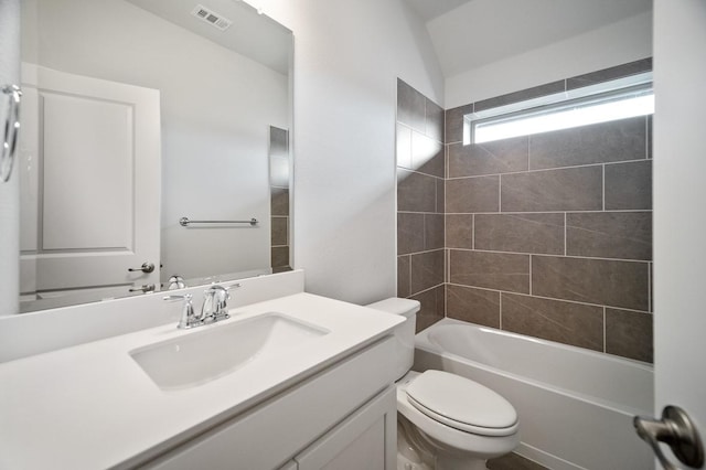 full bath with visible vents, shower / bathing tub combination, vanity, and toilet