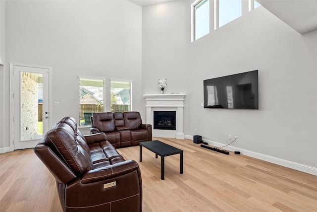 living room with a high ceiling and light hardwood / wood-style flooring