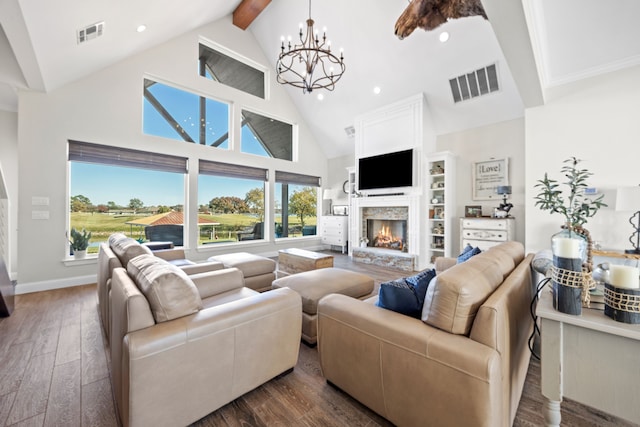 living room featuring a stone fireplace, dark wood-type flooring, and visible vents