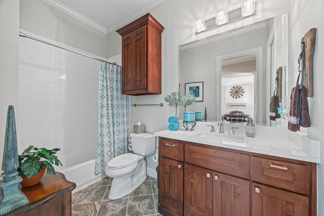 full bath featuring tile patterned flooring, toilet, vanity, shower / tub combo with curtain, and crown molding