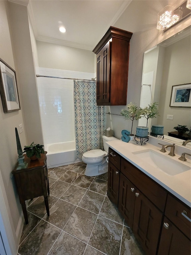 full bathroom featuring toilet, ornamental molding, vanity, and shower / bathtub combination with curtain